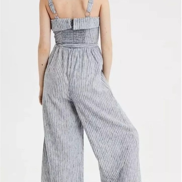 American Eagle Tie Waist Striped Jumpsuit Romper Size 8 Pockets Women's Cotton - Picture 2 of 5